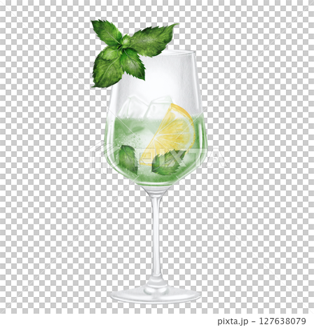 Mojito in a glass watercolor drawing. Hand drawn illustration of alcoholic drink with ice, lemon and mint on white background. Clip art of drinks. Ideal for bar and restaurant menu on the beach. 127638079