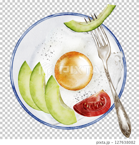 Fried eggs on a plate watercolor. Avocado and tomato scramble. Hand drawn breakfast on isolated white background. Food illustration. Ideal for restaurant menus and nutritionist blogs 127638082