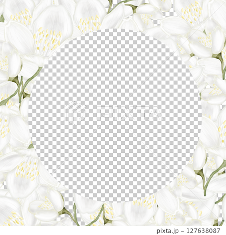 Jasmine white flower watercolor frame. Hand drawn bud delicate in the shape of a heart. Clip art botanical on white background. Ideal for logo of tea and aromatic products from jasmine Jasmine white flower watercolor frame. Hand drawn bud delicate in the shape of a heart. Clip art botanical on white background. Ideal for logo of tea and aromatic products from jasmine 127638087