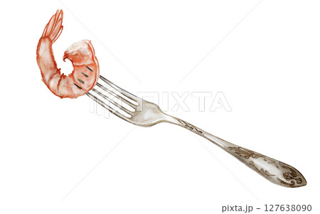Shrimp watercolor. Hand drawn crustacean on a fork on isolated white background. Food clip art. Ideal for restaurant menus, product packaging and cookbook design 127638090
