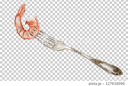 Shrimp watercolor. Hand drawn crustacean on a fork on isolated white background. Food clip art. Ideal for restaurant menus, product packaging and cookbook design 127638090