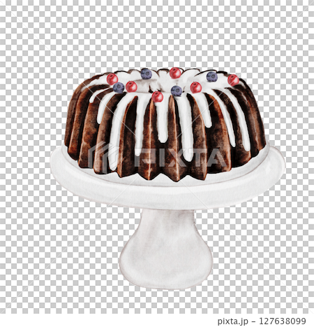 Christmas cupcake watercolor. Hand drawn traditional holiday cake. Clip art of chocolate pastry on isolated white background. Ideal for cookbook and bakery menu Christmas cupcake watercolor. Hand drawn traditional holiday cake. Clip art of chocolate pastry on isolated white background. Ideal for cookbook and bakery menu 127638099