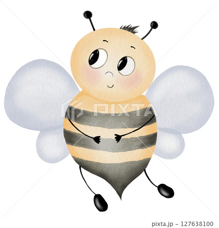 Bee cartoon watercolor. Hand drawn cute bumblebee on isolated white background. Clip art insect. Ideal for children's educational cards, posters and organic honey labels 127638100
