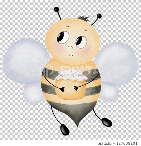 Bee cartoon watercolor. Hand drawn cute bumblebee with a jar of honey on isolated white background. Clip art insect. Ideal for children's educational cards, posters and organic honey labels Bee cartoon watercolor. Hand drawn cute bumblebee with a jar of honey on isolated white background. Clip art insect. Ideal for children's educational cards, posters and organic honey labels 127638101