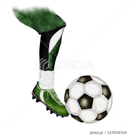 Football watercolor. Hand drawn composition of football player's leg with a soccer ball. Clip art of sports illustration on isolated white background. Ideal for advertising flyers, posters and match Football watercolor. Hand drawn composition of football player's leg with a soccer ball. Clip art of sports illustration on isolated white background. Ideal for advertising flyers, posters and match 127638104