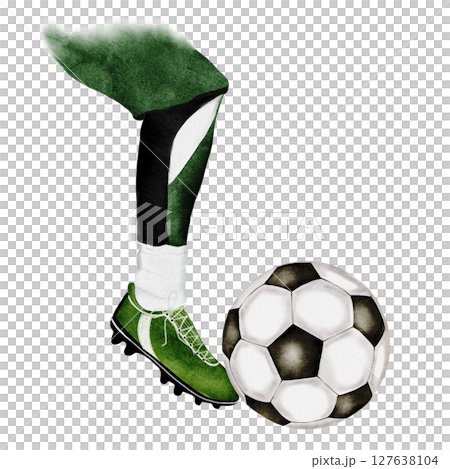 Football watercolor. Hand drawn composition of football player's leg with a soccer ball. Clip art of sports illustration on isolated white background. Ideal for advertising flyers, posters and match Football watercolor. Hand drawn composition of football player's leg with a soccer ball. Clip art of sports illustration on isolated white background. Ideal for advertising flyers, posters and match 127638104