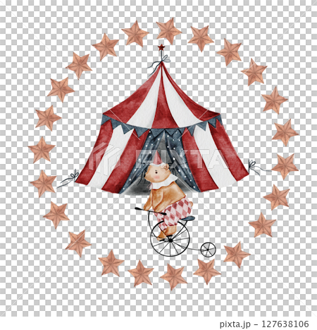 Circus cute watercolor. Hand drawn composition with a bear on a bike. Clip art on isolated white background of bright circus tent with stars in circle. Ideal for posters and baby cards. 127638106