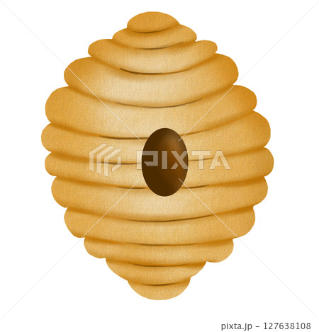 Beehive watercolor. Hand drawn bee house with flowers on isolated white background. Clip art of bumblebee dwelling. Ideal for honey shop design, natural cosmetics and bee products 127638108