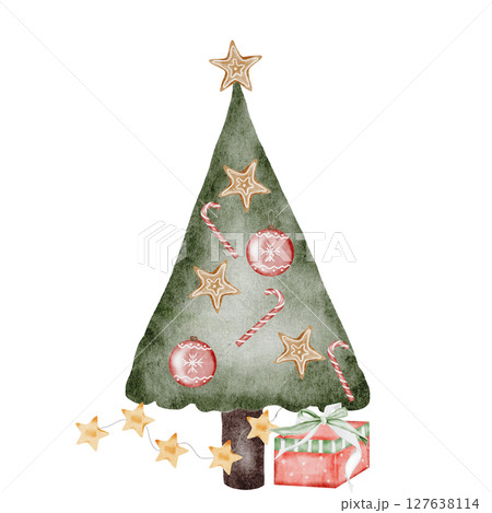 Christmas tree cartoon. Watercolor drawing of christmas symbol on isolated white background. Clip art of pine tree for design of cards and invitations. New Year 2025 design 127638114
