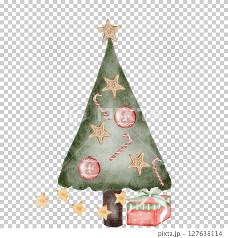 Christmas tree cartoon. Watercolor drawing of christmas symbol on isolated white background. Clip art of pine tree for design of cards and invitations. New Year 2025 design 127638114