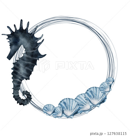 Seahorse and shells watercolor round frame. Hand drawn blue sea animal as frame on isolated white background. Clip art of sea creature on isolated white background. Ideal for cosmetics packaging and 127638115