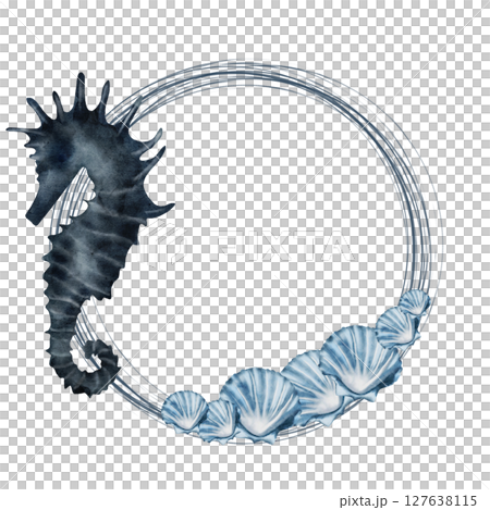Seahorse and shells watercolor round frame. Hand drawn blue sea animal as frame on isolated white background. Clip art of sea creature on isolated white background. Ideal for cosmetics packaging and 127638115