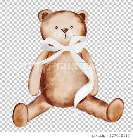 Teddy bear toy. Watercolor illustration hand drawing. Clip art of a bear isolated on a white background. Children's design. Ideal for birthday, baby shower and baptism invitations and cards, as well 127638116