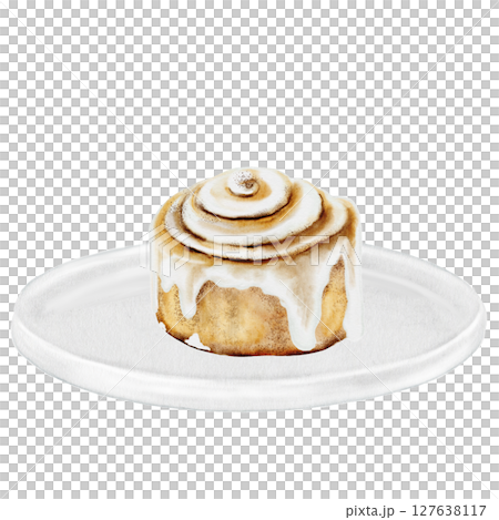 Cinnabon, cinnamon watercolor. Hand drawn cinnamon bun with cream cheese on a plate. Classic American sweet. Clip art isolated on white background. For coffee shop menu, pastry shop and sweet pastry 127638117