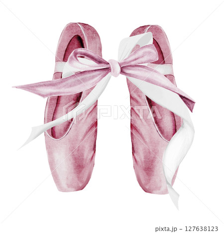 Pointe shoes watercolor. Hand drawn pink ballerina accessories postcard on isolated white background. Clip art of elegant satin ballet shoes with space for name inscription. Ideal card for ballet and Pointe shoes watercolor. Hand drawn pink ballerina accessories postcard on isolated white background. Clip art of elegant satin ballet shoes with space for name inscription. Ideal card for ballet and 127638123
