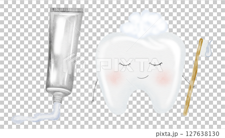 Tooth watercolor set. Clean tooth and toothpaste. Cute cartoon baby molar on isolated white background. Dental clip art. Ideal for cards and invitations to the party baby's first tooth, posters in the Tooth watercolor set. Clean tooth and toothpaste. Cute cartoon baby molar on isolated white background. Dental clip art. Ideal for cards and invitations to the party baby's first tooth, posters in the 127638130