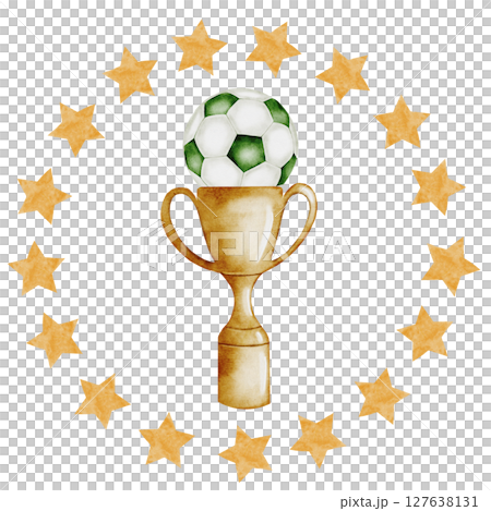 Football Watercolor. Hand drawn composition of a trophy cup, soccer ball and round frame of stars. Clip art of championship equipment on isolated white background. Ideal for posters, flyers and game Football Watercolor. Hand drawn composition of a trophy cup, soccer ball and round frame of stars. Clip art of championship equipment on isolated white background. Ideal for posters, flyers and game 127638131