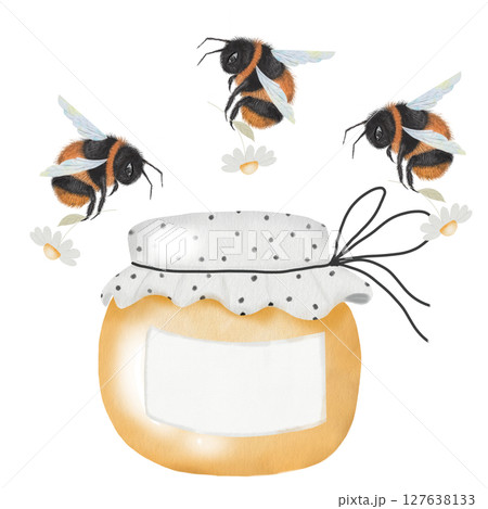 Honey watercolor. Hand drawn honey jar with bees and label. Clip art of organic natural product on isolated white background. Ideal for farm products and bee products packaging Honey watercolor. Hand drawn honey jar with bees and label. Clip art of organic natural product on isolated white background. Ideal for farm products and bee products packaging 127638133