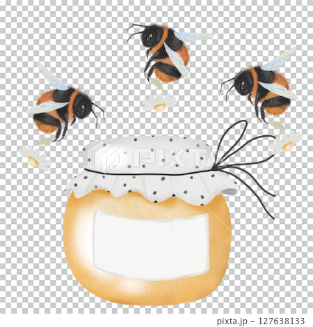 Honey watercolor. Hand drawn honey jar with bees and label. Clip art of organic natural product on isolated white background. Ideal for farm products and bee products packaging Honey watercolor. Hand drawn honey jar with bees and label. Clip art of organic natural product on isolated white background. Ideal for farm products and bee products packaging 127638133