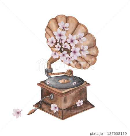 Gramophone watercolor. Hand drawn vintage musical instrument on isolated white background. Clip art of record player with pink flowers. Ideal for postcards, educational cards and poster Gramophone watercolor. Hand drawn vintage musical instrument on isolated white background. Clip art of record player with pink flowers. Ideal for postcards, educational cards and poster 127638150