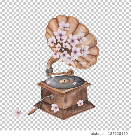 Gramophone watercolor. Hand drawn vintage musical instrument on isolated white background. Clip art of record player with pink flowers. Ideal for postcards, educational cards and poster Gramophone watercolor. Hand drawn vintage musical instrument on isolated white background. Clip art of record player with pink flowers. Ideal for postcards, educational cards and poster 127638150