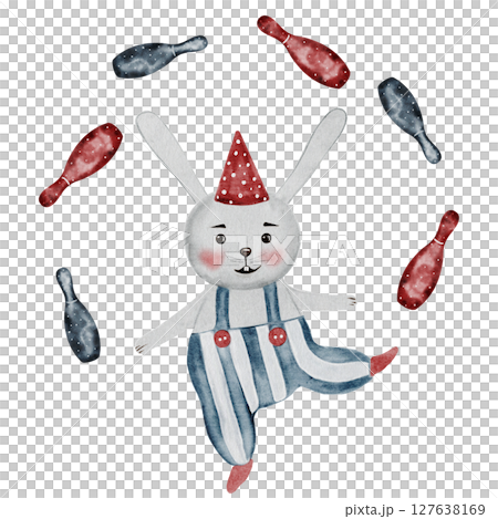 Circus watercolor. Acrobat rabbits and juggler. Hand drawn cute animals on isolated white background. Clip art of vintage bunnies with balloons balancing on a rope. Perfect for posters and baby shower Circus watercolor. Acrobat rabbits and juggler. Hand drawn cute animals on isolated white background. Clip art of vintage bunnies with balloons balancing on a rope. Perfect for posters and baby shower 127638169