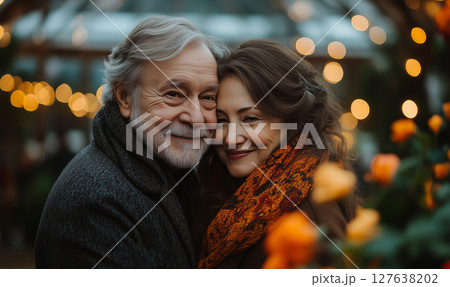 an elderly couple dancing together at an outdoor event, with live music and fairy lights in the background, warm evening light creating a cheerful atmosphere 127638202