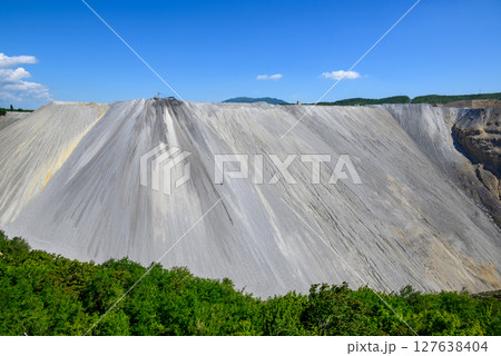 Heaps of tailings and mine dumps in Bor, Eastern Serbia, large copper mine owned by Chinese mining company Zijin Mining Group 127638404