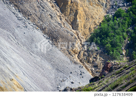 Heaps of tailings and mine dumps in Bor, Eastern Serbia, large copper mine owned by Chinese mining company Zijin Mining Group 127638409