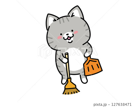 ホウキとチリトリで掃除をする猫ちゃん 127638471