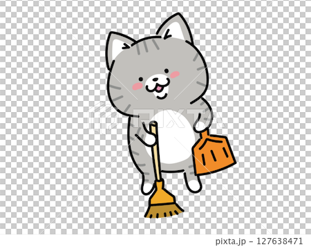 ホウキとチリトリで掃除をする猫ちゃん 127638471
