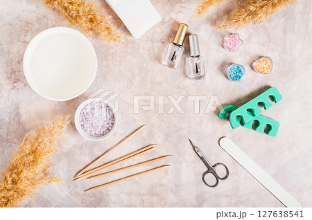 Set of items for manicure and pedicure on the table top view 127638541