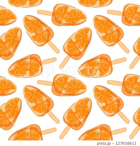 Seamless pattern of orange fruit slice popsicle in cartoon style. Perfect for summer menu cafe and sweet treat design. Seamless pattern of orange fruit slice popsicle in cartoon style. Perfect for summer menu cafe and sweet treat design. 127638611