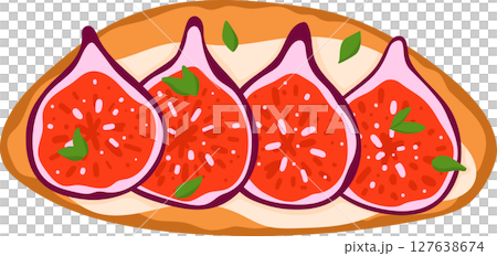 Bruschetta Italian Cuisine Appetizer. Open Sandwich with Grilled Bread Topped with Fig, Cream Cheese and Herbs. Isolated Vector Illustration on White Background Bruschetta Italian Cuisine Appetizer. Open Sandwich with Grilled Bread Topped with Fig, Cream Cheese and Herbs. Isolated Vector Illustration on White Background 127638674