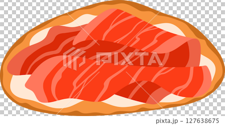 Bruschetta Italian Cuisine Appetizer. Open Sandwich with Grilled Bread Topped with Prosciutto Crudo and Cream Cheese. Isolated Vector Illustration on White Background Bruschetta Italian Cuisine Appetizer. Open Sandwich with Grilled Bread Topped with Prosciutto Crudo and Cream Cheese. Isolated Vector Illustration on White Background 127638675