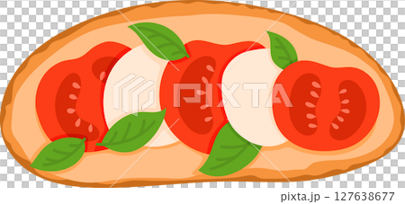 Bruschetta Italian Cuisine Appetizer. Open Sandwich with Grilled Bread Topped with Fresh Tomatoes, Mozzarella and Basil. Isolated Vector Illustration on White Background 127638677
