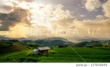 Peaceful rural landscape of terraced rice fields across rolling green hills under dramatic sunset sky, showing sustainable farming and eco lifestyle in a southeast Asian valley at dusk. Quiet village. Peaceful rural landscape of terraced rice fields across rolling green hills under dramatic sunset sky, showing sustainable farming and eco lifestyle in a southeast Asian valley at dusk. Quiet village. 127638844