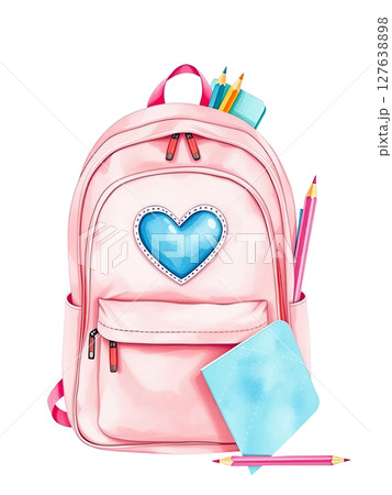A pink backpack with a blue heart patch, pastel color palette, watercolor texture, cute school supply illustration A pink backpack with a blue heart patch, pastel color palette, watercolor texture, cute school supply illustration 127638898