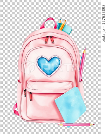 A pink backpack with a blue heart patch, pastel color palette, watercolor texture, cute school supply illustration A pink backpack with a blue heart patch, pastel color palette, watercolor texture, cute school supply illustration 127638898