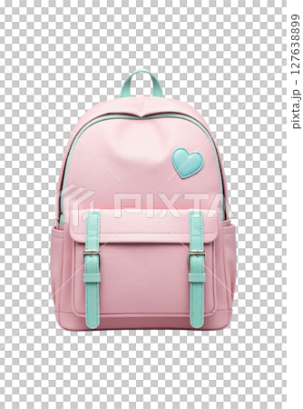 A pink backpack with a blue heart patch, pastel color palette, watercolor texture, cute school supply illustration 127638899