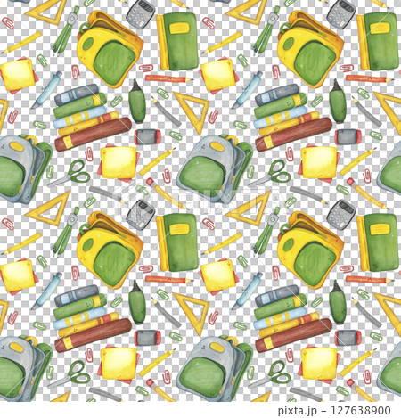 Seamless pattern with books and school supplies and backpack. Watercolor illustration hand drawn, cartoon. Drawing for stickers, cards, invitations, scrapbooking. science, school, laboratory, back to 127638900