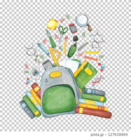 Gray school backpack from which office supplies and books fly out. Watercolor illustration hand-drawn, cartoon. Drawing for stickers, cards, invitations, scrapbooking. science, school, laboratory Gray school backpack from which office supplies and books fly out. Watercolor illustration hand-drawn, cartoon. Drawing for stickers, cards, invitations, scrapbooking. science, school, laboratory 127638904
