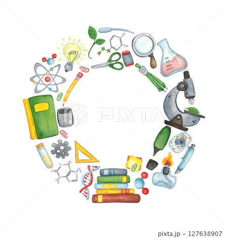 Round frame of school supplies and laboratory equipment. Watercolor illustration hand drawn, cartoon. Design for stickers, cards, invitations, scrapbooking. science, school, laboratory, back to school Round frame of school supplies and laboratory equipment. Watercolor illustration hand drawn, cartoon. Design for stickers, cards, invitations, scrapbooking. science, school, laboratory, back to school 127638907