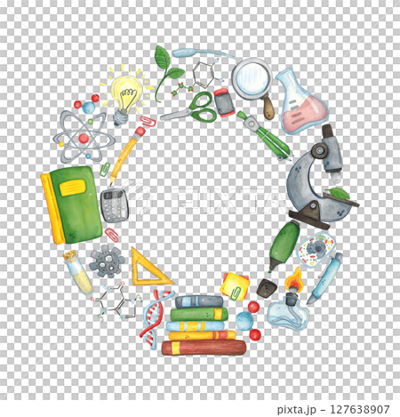 Round frame of school supplies and laboratory equipment. Watercolor illustration hand drawn, cartoon. Design for stickers, cards, invitations, scrapbooking. science, school, laboratory, back to school Round frame of school supplies and laboratory equipment. Watercolor illustration hand drawn, cartoon. Design for stickers, cards, invitations, scrapbooking. science, school, laboratory, back to school 127638907