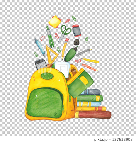 school backpack from which office supplies and books fly out. Watercolor illustration hand-drawn, cartoon. Drawing for stickers, cards, invitations, scrapbooking. science, school, laboratory school backpack from which office supplies and books fly out. Watercolor illustration hand-drawn, cartoon. Drawing for stickers, cards, invitations, scrapbooking. science, school, laboratory 127638908