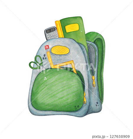 Gray school backpack, books and stationery. Watercolor illustration hand drawn, cartoon. Drawing for stickers, cards, invitations, scrapbooking. science, school, laboratory, back to school, biology Gray school backpack, books and stationery. Watercolor illustration hand drawn, cartoon. Drawing for stickers, cards, invitations, scrapbooking. science, school, laboratory, back to school, biology 127638909