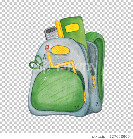 Gray school backpack, books and stationery. Watercolor illustration hand drawn, cartoon. Drawing for stickers, cards, invitations, scrapbooking. science, school, laboratory, back to school, biology Gray school backpack, books and stationery. Watercolor illustration hand drawn, cartoon. Drawing for stickers, cards, invitations, scrapbooking. science, school, laboratory, back to school, biology 127638909