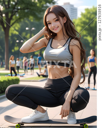 公園でスケートボードにのったまま座って休む可愛い女の子 公園でスケートボードにのったまま座って休む可愛い女の子 127638916