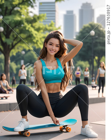 公園で絶妙なバランスで座るスケーボー女子 公園で絶妙なバランスで座るスケーボー女子 127638917