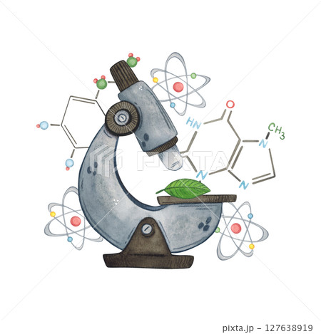 Microscope nearby chemical formulas fly. Watercolor illustration hand drawn, cartoon. Drawing for sticker, cards, invitations, scrapbooking. science, school, laboratory, back to school, bio, chemistry 127638919